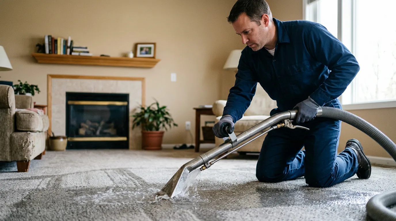 Water damage restoration technician working near Camanche, IA